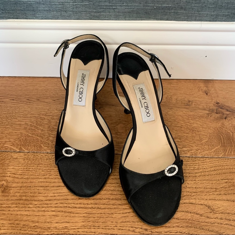JIMMY CHOO Black Satin Slingback Crystal Accents